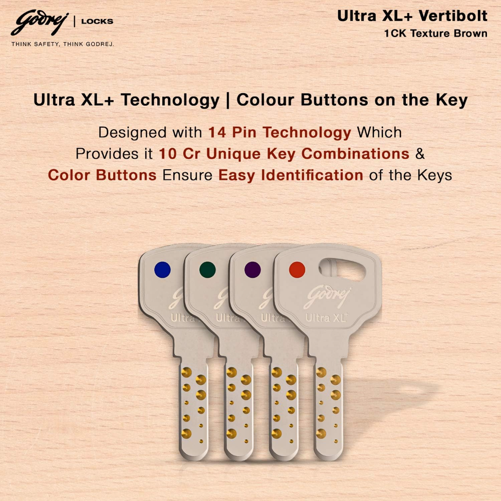 Godrej Rim Lock l Vertibolt Ultra XL plus   I 1CK Deadbolt l For Inside Opening, Double and Sliding Wooden Doors l Left or Right-Handed Doors l 4 Keys Manual Locking I Textured Brown Finish | 5-Year Warranty